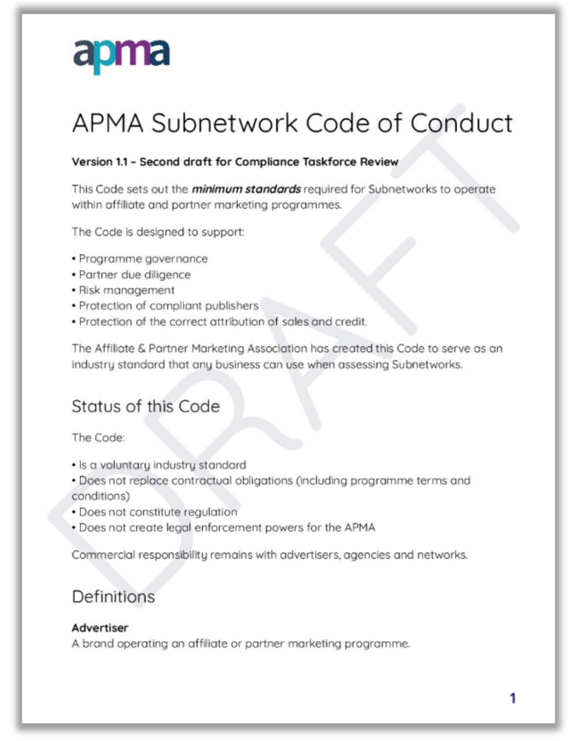 APMA Subnetwork Code of Conduct cover